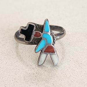 Vtg ZUNI Native American Rainbow Man Sterling Silver Turquoise Coral 5.5